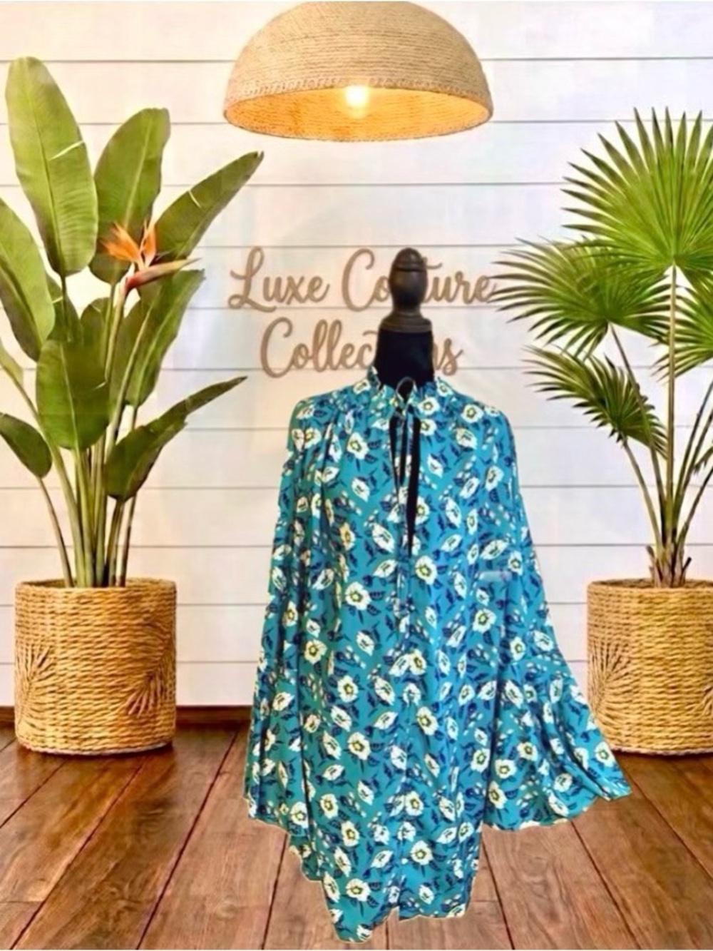 Daisy Floral Huge Bell Sleeve Tie Neck Dress